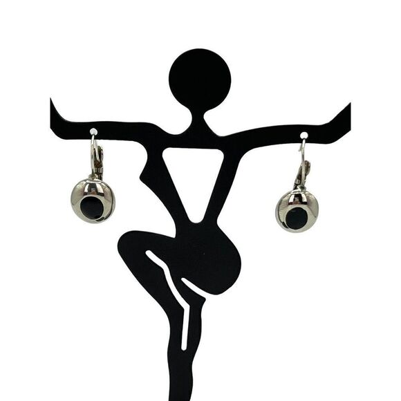 Liz Claiborne Earrings Black Silver Tone Dangle Drop Signed Dainty Minimalist - Picture 2 of 8